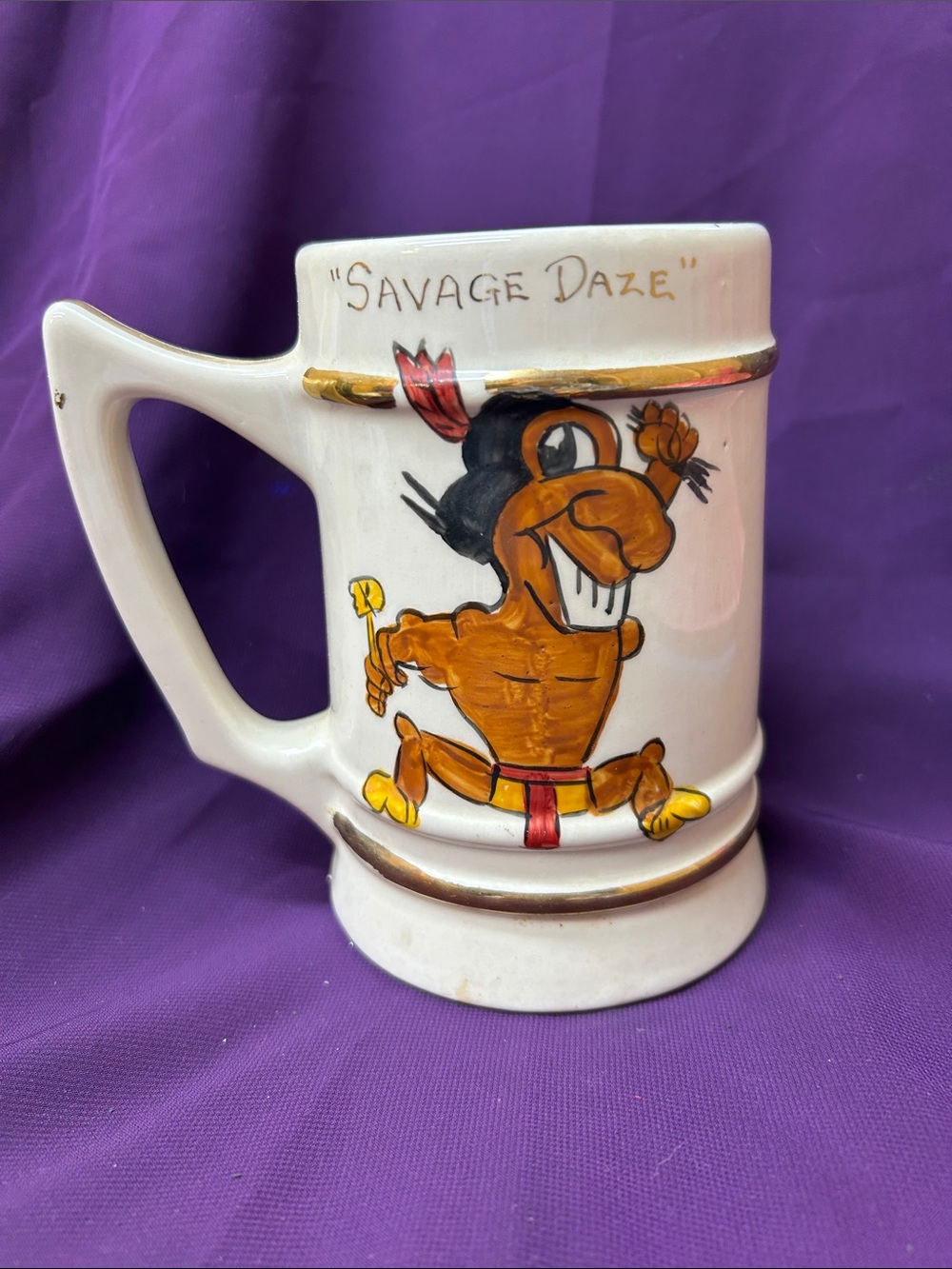 Vintage Ceramic Stein Mug with Gold Trim - White